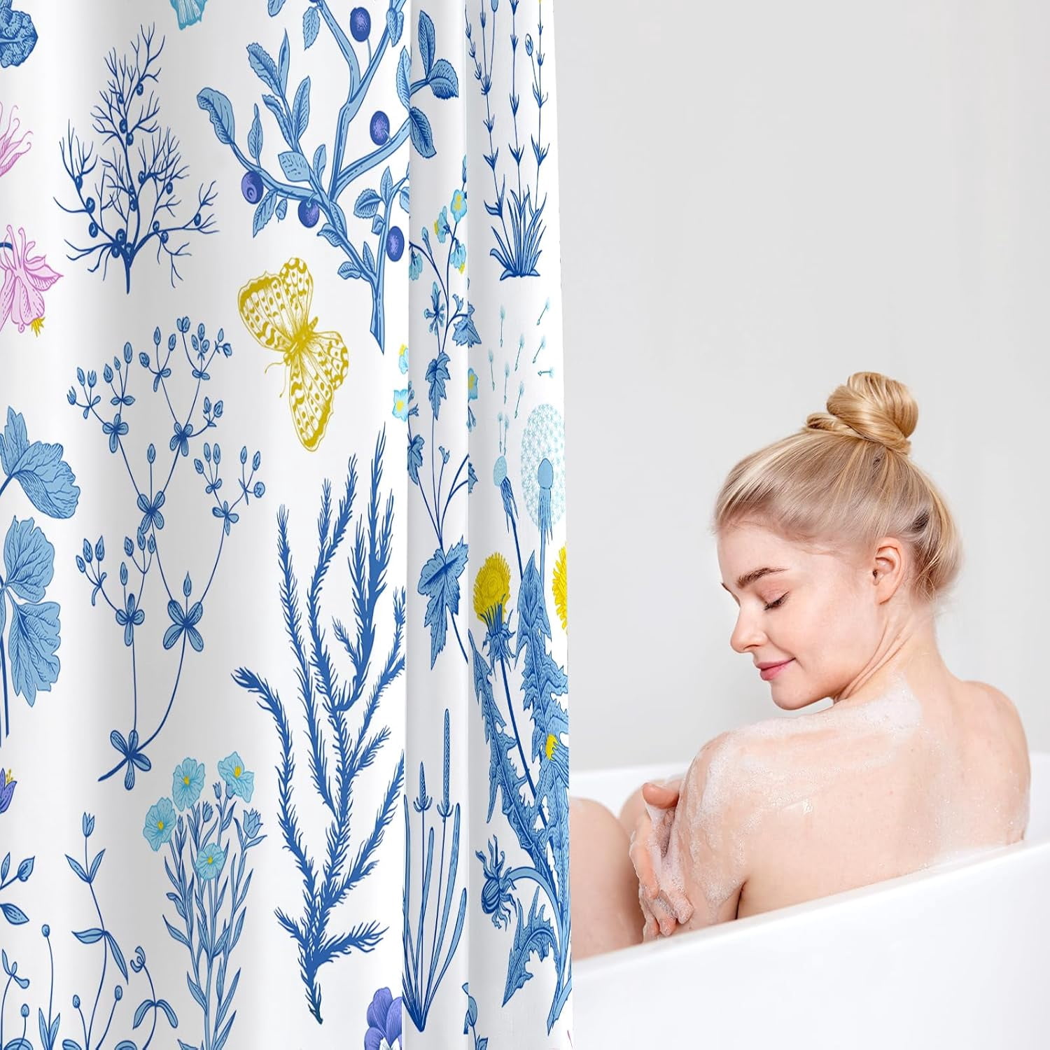 Extra Long Shower Curtain 72 x 84 Inch, Tall Blue Floral Fabric Shower Curtain, Cute Botanical Herbs Flower Butterfly Aesthetic Bathroom Shower Curtain Set with Hooks