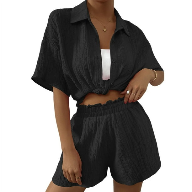 Conjuntos de Dos Piezas de Pantalones Cortos de Verano para Mujer, Top, Pantalones Cortos, Ropa de Descanso, Playa, Vacaciones, Chándales, Negro, XL