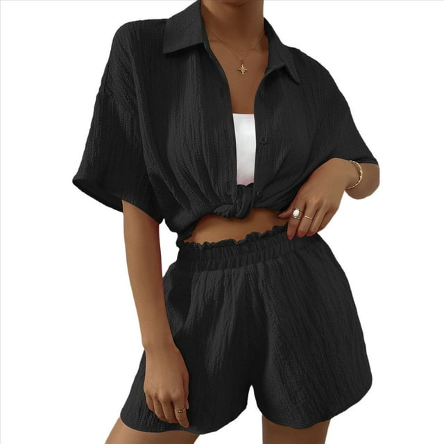 Conjuntos de Dos Piezas de Pantalones Cortos de Verano para Mujer, Top, Pantalones Cortos, Ropa de Playa, Chándal, Color Negro, Talla S