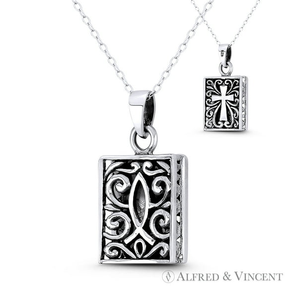 Icthus Fish & Flared Cross Pattee 29x14mm (1.1x0.55in) Reversible Pendant in Oxidized .925 Sterling Silver