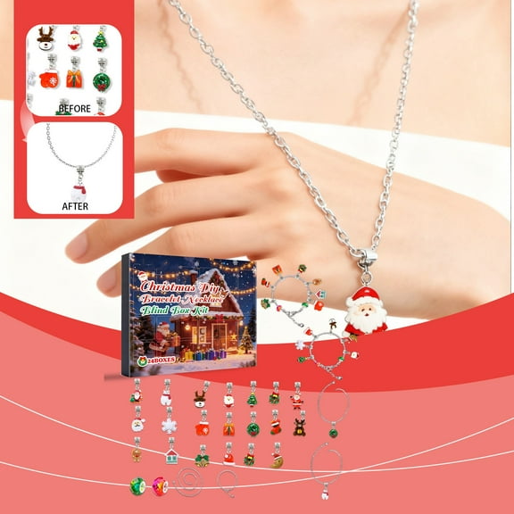 2025 Christmas Advent Calendar Bracelets, 24 Days Xmas Theme Countdown Calendar with DIY Charm Bracelets & Necklaces Kits, Christmas Surprise for Women