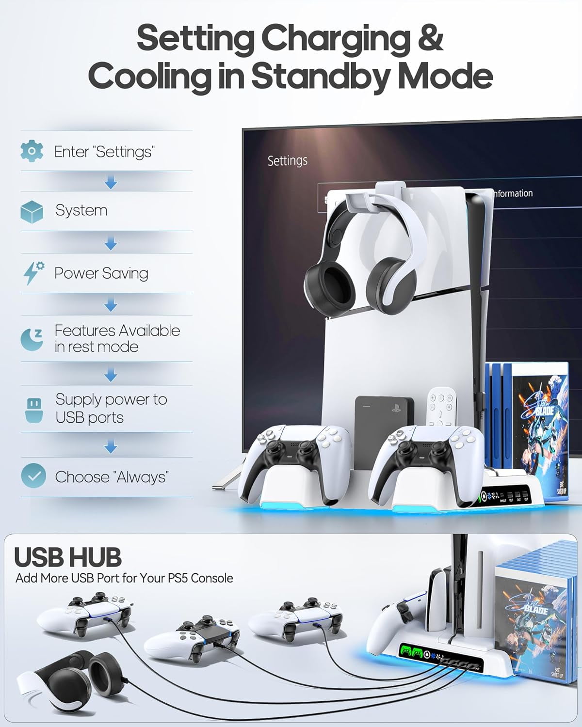 PS5/PS5 Slim/Pro Stand and Cooling Station with Controller Charging Station, PS5 Controller Charger, PlayStation 5/PS5 Slim Accessories with 3 Level Cooling Fan