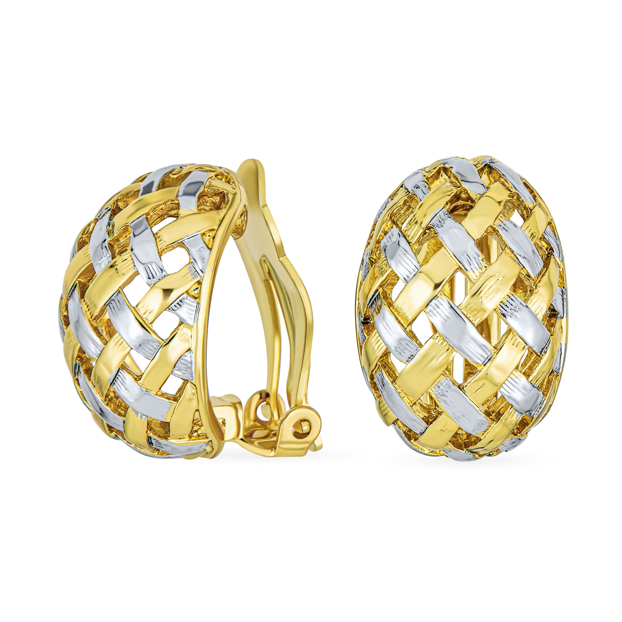 Half Hoop Shrimp Style Woven Braided Dome Two Tone Open Basket Weave Clip On Earrings for Women Button Style Non Pierced Ears Silver Gold Plated Brass Walmart