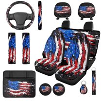 Uorisanigo American Flag 14 Pack Cars Seat Covers Sets Car Steering Wheel Cover and Cars Headrest Cover Auto Armrest Cover Water Cup Pad Auto Seat Belt Cover Elastic Soft for Car and SUV