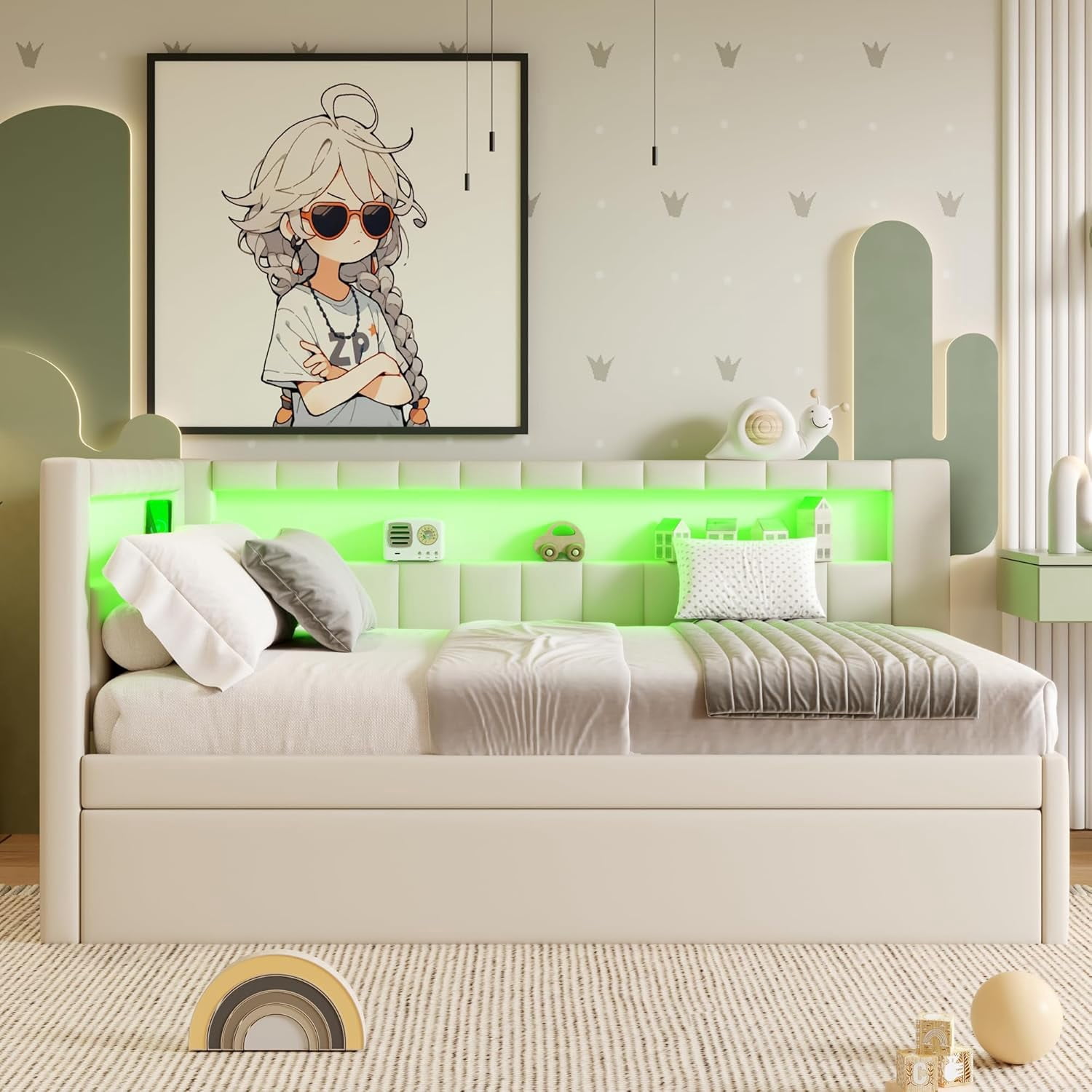 AISWORD Full Size Daybed with Trundle and L-Shaped Bookshelf Headboard, Upholstered Soft Corner Bed with Storage Shelves, Charging Station and LED Belt, White