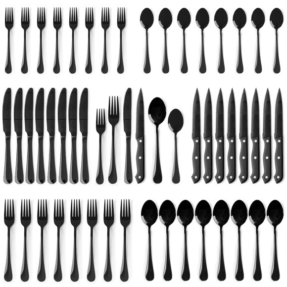 Astercook Silverware Set 48-Piece Black Flatware Set with Steak Knives Food-Grade Stainless Steel Cutlery Set for 8 Mirror Polished Utensils Set Include Spoons and Forks for H