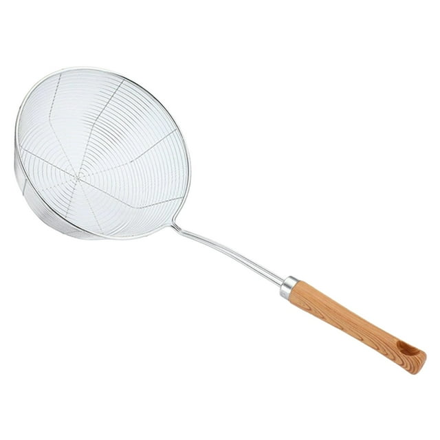 Kitchen Strainer Spoon 7.1In Stainless Steel with Wood Pattern Handle, Cooking Frying Draining, Slotted Spoon for Oil Draining, Yellow Handle