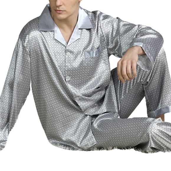 Pijama de satén para hombre, traje largo de ocio, ropa de dormir, camisa de manga larga y pantalón de pijama.