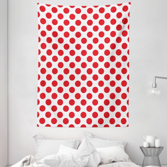 Geometric Tapestry, 50s 60s Old Pop Art Retro Vintage Polka Dots Rounds Circles Design Art Print, Wall Hanging for Bedroom Living Room Dorm Decor, 60W X 80L Inches, Scarlet White, by Ambesonne