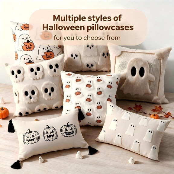 Halloween Ghost Pillow Covers with Pumpkin Embroidery, Cute White Plush Throw Pillow Covers for Couch Bed Sofa Decor, Soft Knitted Decorative,Spooky Holiday Accent,17.7x17.7in,1 pack