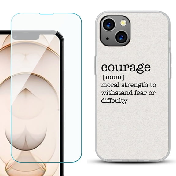 Slim-Fit Flexible TPU Gel Phone Case for iPhone 13, with Tempered Glass Screen Protector, by OneToughShield ® - Dictionary/Courage