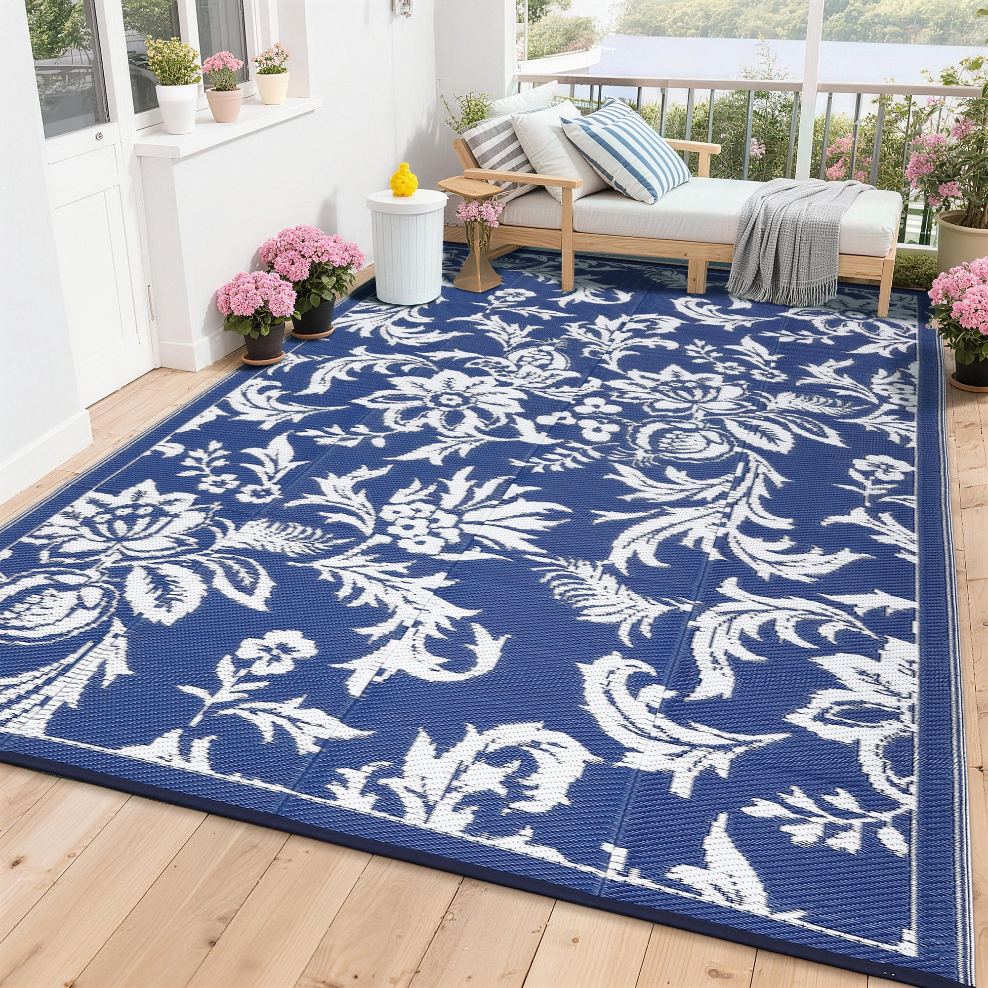 Waterproof Outdoor Rug 8x10 FT Reversible Plastic Straw Patio Mat, Lightweight Foldable Area Rug for RV Camping, Deck, Backyard, Porch, Beach, Picnic, Dark Blue & White