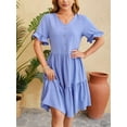 thumbnail image 3 of Deago Women's Short Sleeve Swiss Dot Ruffle Pleated Dress Casual Summer V Neck Half Button Loose Midi Dresses (Blue, S), 3 of 6