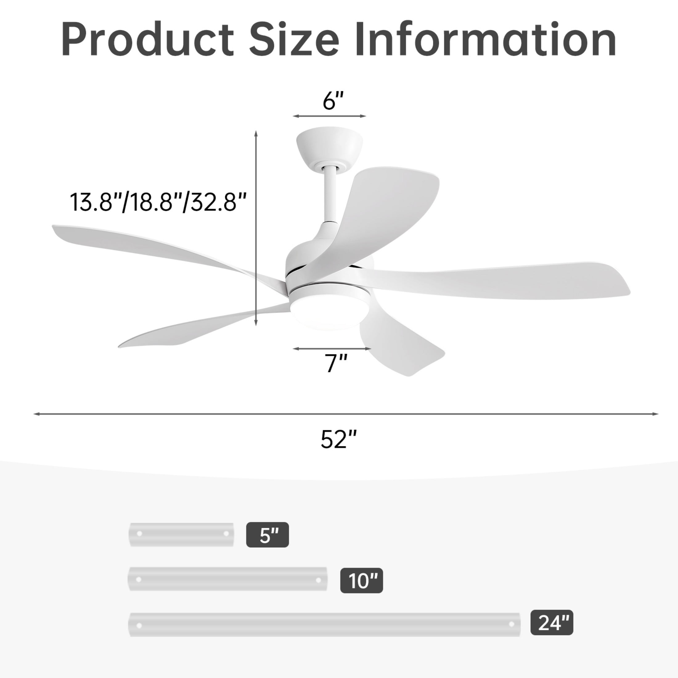 Sofucor 52" White Ceiling Fans with Lights,Modern,Low Profile,3 Downrods,5 Blades,3-Color LED Light,Quiet Reversible DC Motor for Living Room,Bedroom,Patios