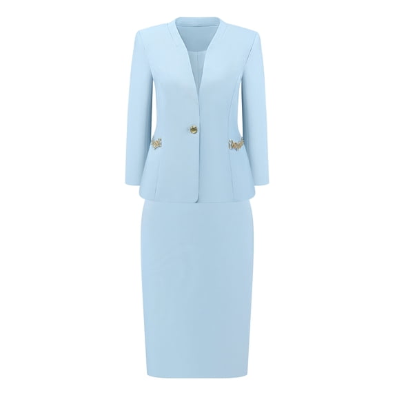 DARING DIVA 2Pcs Women's Outfit Work Office Blazer Pencil Skirt Suit Set S Light Blue
