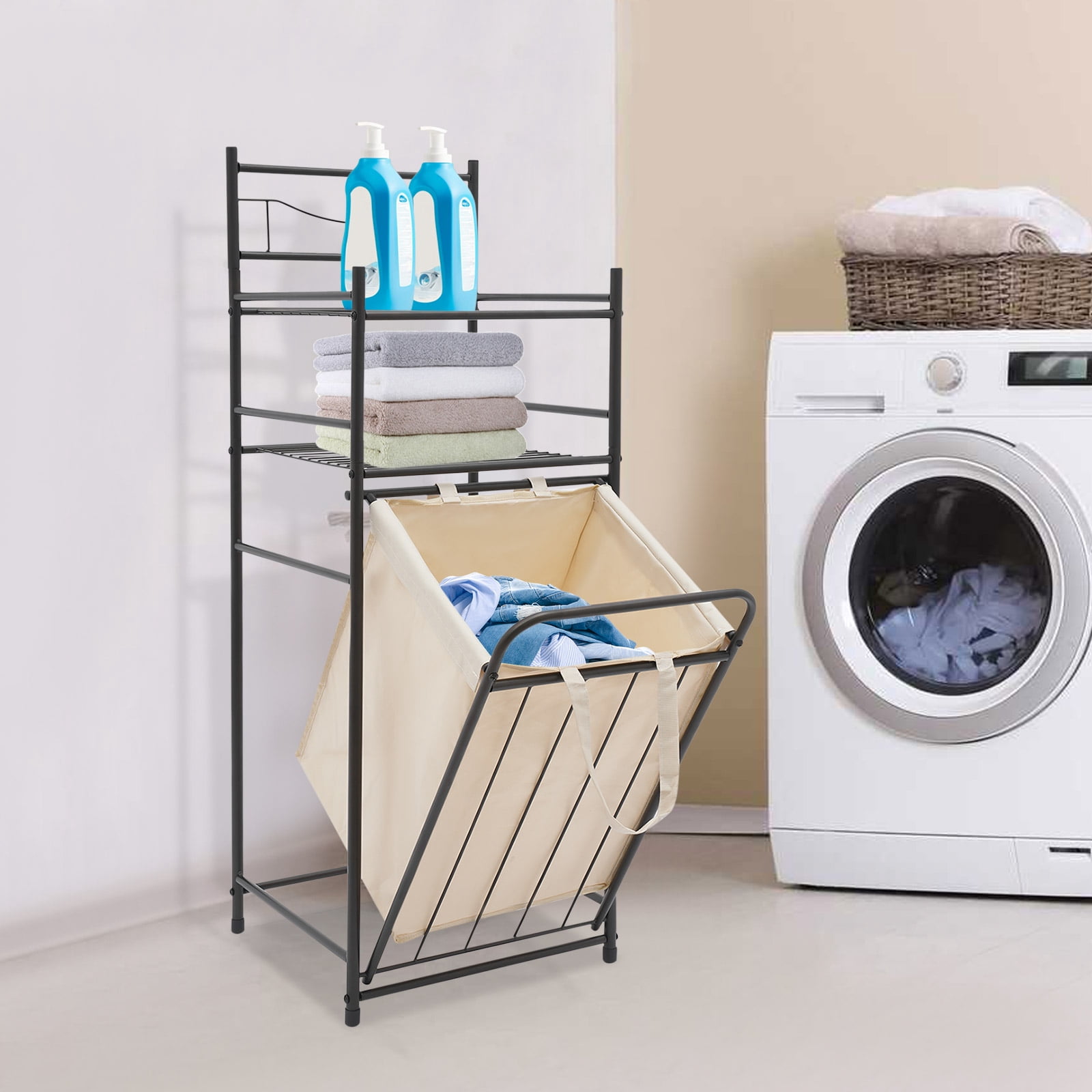 3-Tier Laundry Storage Basket Rack Laundry Rack with Removable Bag Laundry Basket with Shelf for Homes