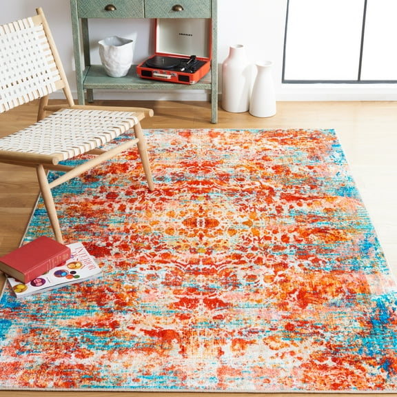 SAFAVIEH Bahia Salvador Abstract Polyester Machine Washable Area Rug, Light Blue/Red, 5'5" x 7'7"