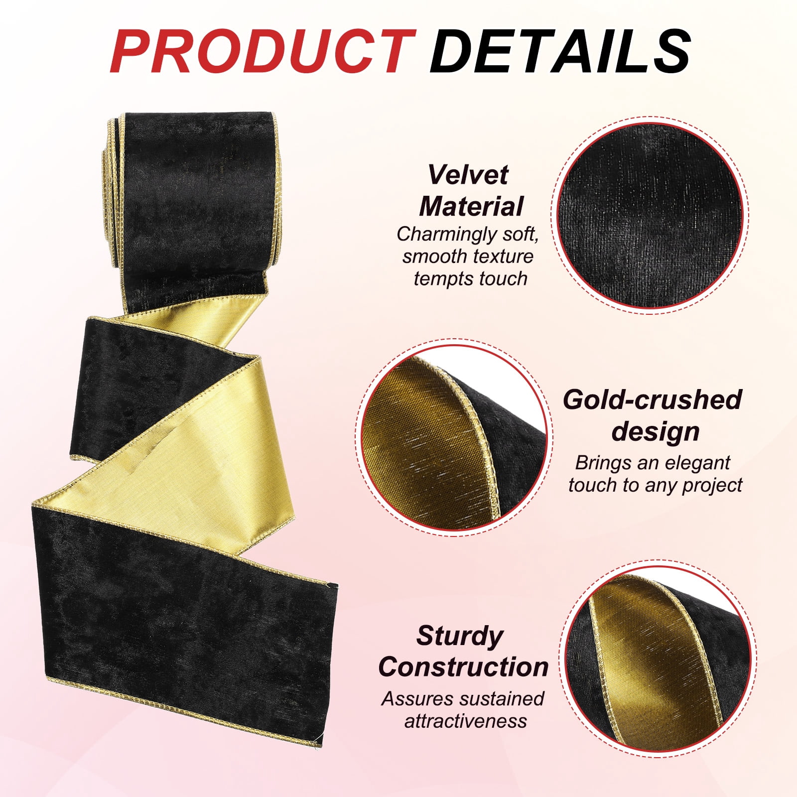 Uxcell 4" x 10 Yards Velvet Wired Gold Crushed Ribbon for Bow Decor Black