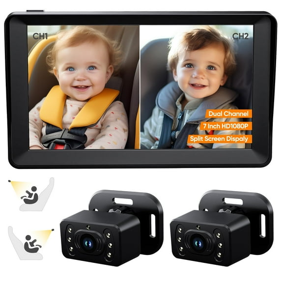 Cámara de coche para bebés Kidsneed, pantalla IPS de 7 pulgadas con asiento doble