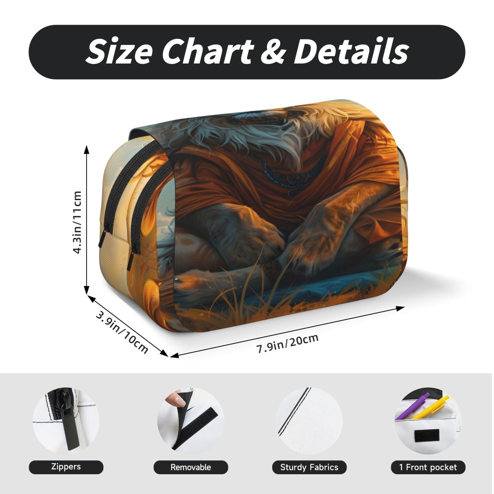 Rateoe Prairie Meditating Lion Pattern Double Clamshell Pen Case, Storage Organizer with Two Zipper Compartments– Holds Up to 50 Pencils & Pens