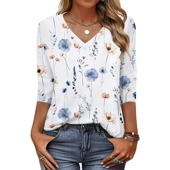Zeagoo Women's 3/4 Sleeve V Neck Shirts Casual Basic Floral Blouses Fashion Business Work Tunic Tops