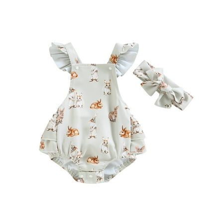 

Binwwede Baby 2Pcs Easter Outfits Fly Sleeve Square Neck Bunny Print Romper with Headband Set