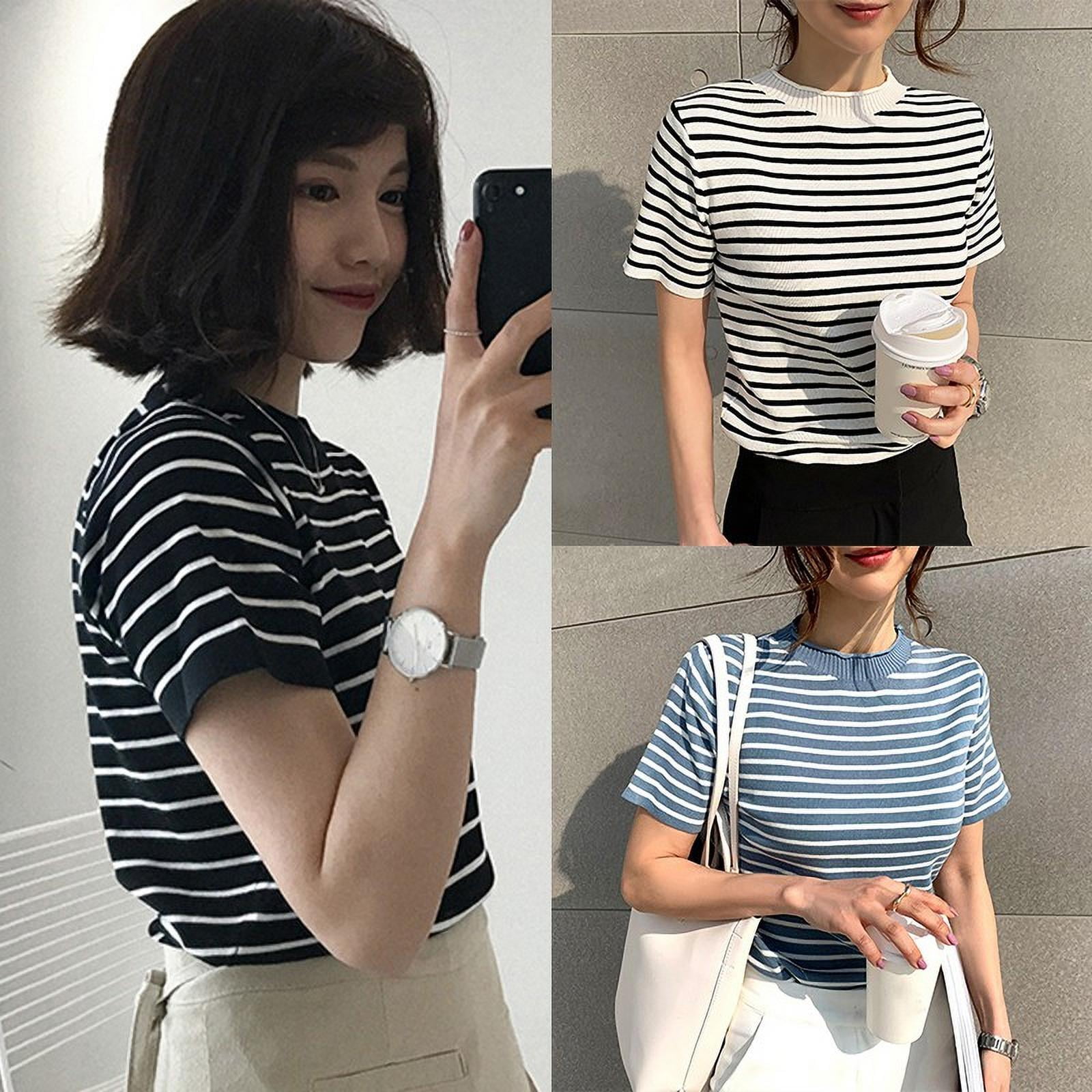 JANDEL Women's Korean Style Casual O Neck Striped Short