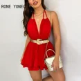 thumbnail image 2 of Vestido corto con estampado de lunares para mujer, minivestido elegante con volantes y cuello Halter, 2 of 6