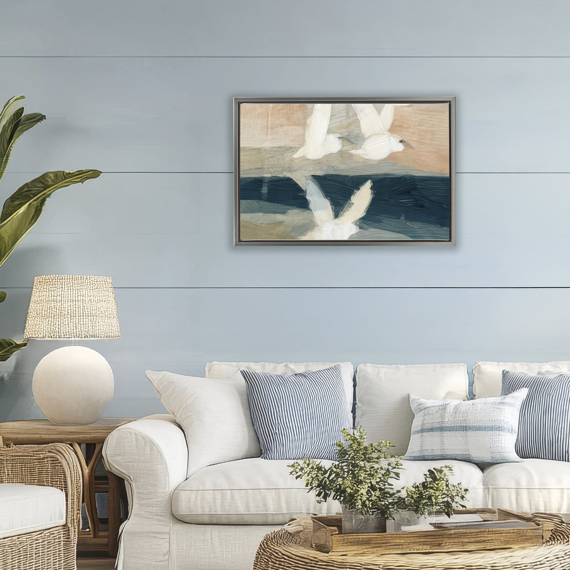 Stupell Industries Birds in Flight Over Water Gray Framed Floater Canvas Wall Art, design by Chromatic Storm Studio