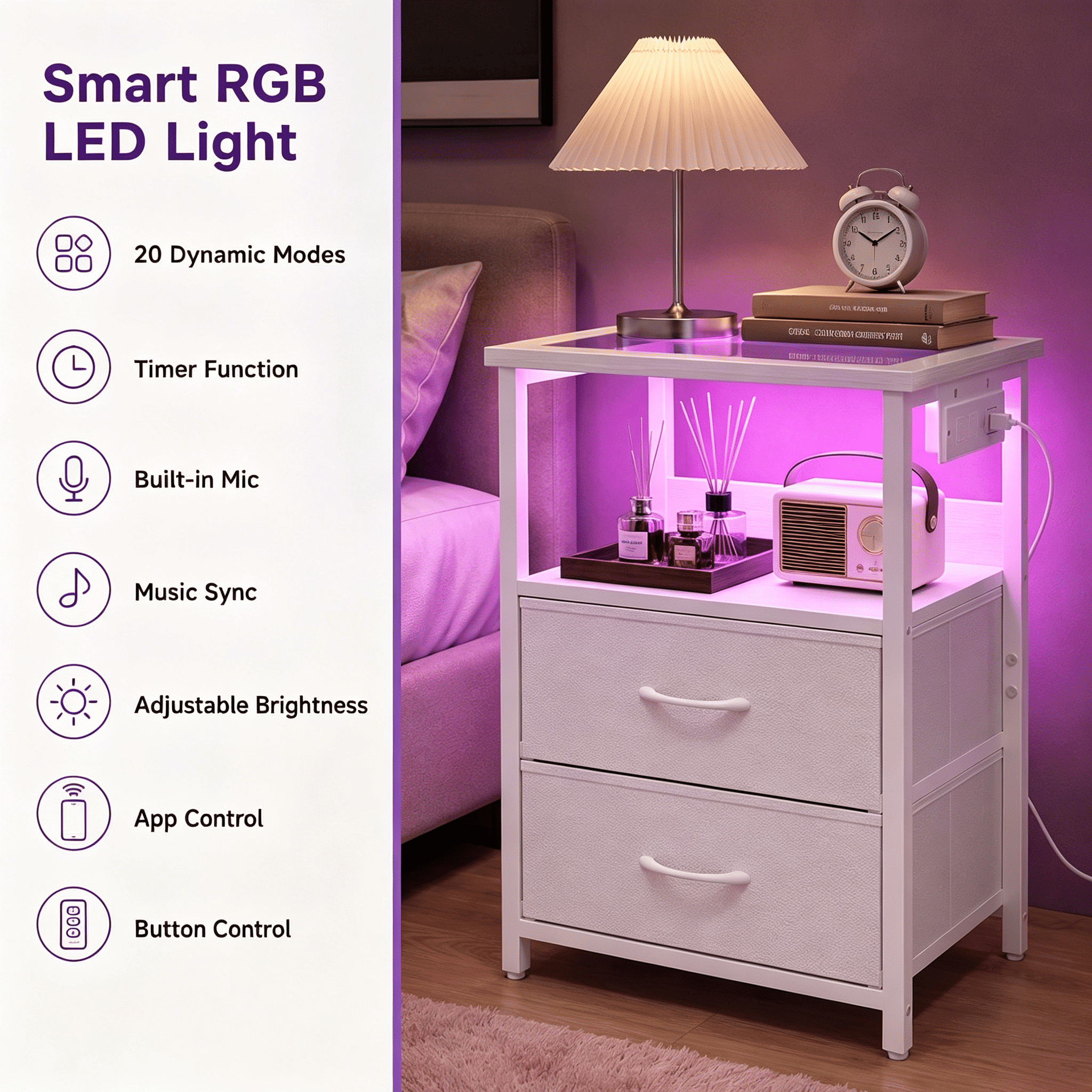 Nightstand with Charging Station, Glass Top End Table with RGB LED Light, 2 Fabric Drawers and Open Shelf for Bedroom