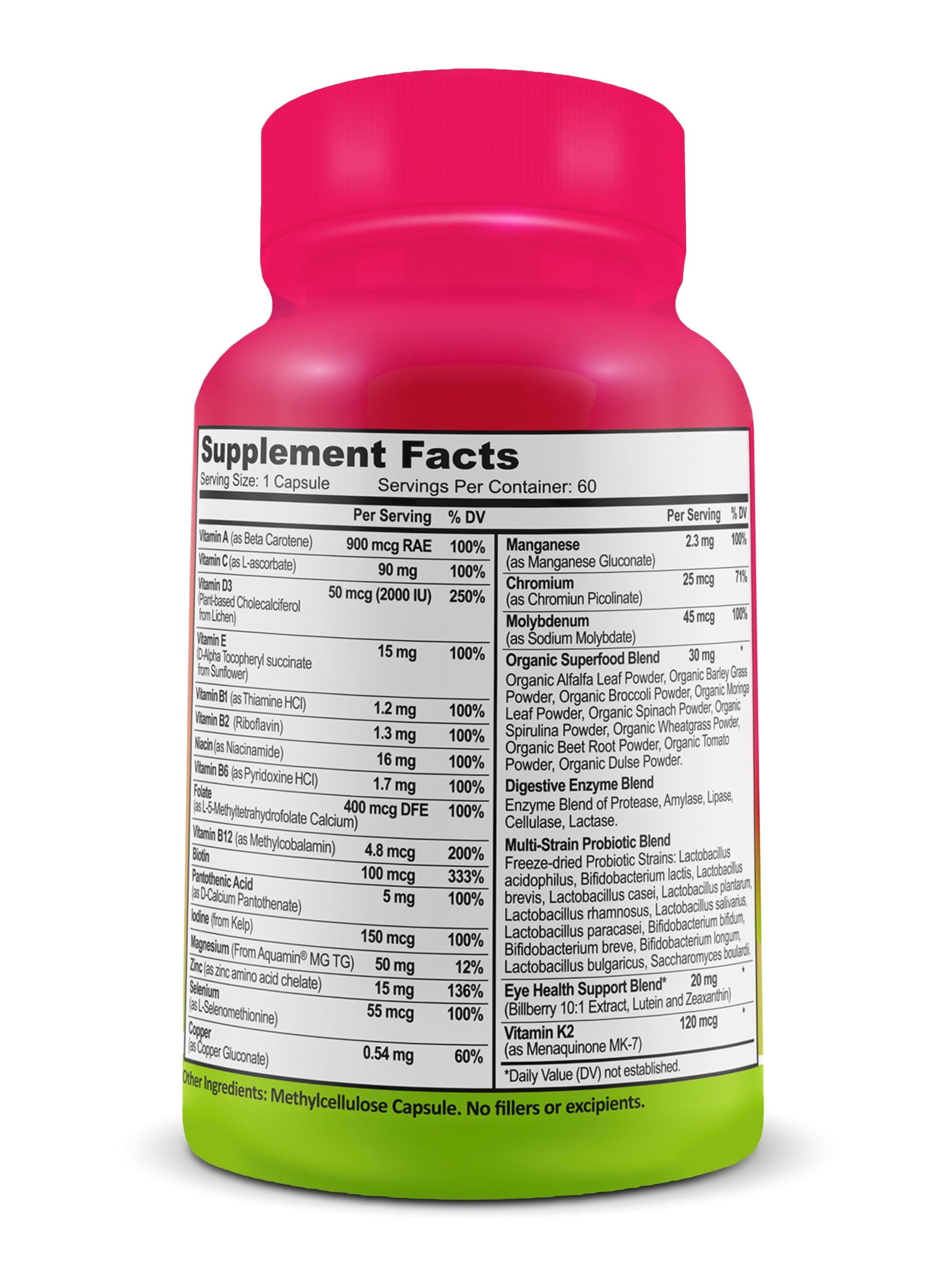 Women's Daily Multivitamin 50+, Vegan Multivitamin for Women with Biotin, Organic Superfoods, B-Complex, Probiotics, Enzymes - Supports Energy, Immunity, Gut Health - Easy to Swallow Capsules