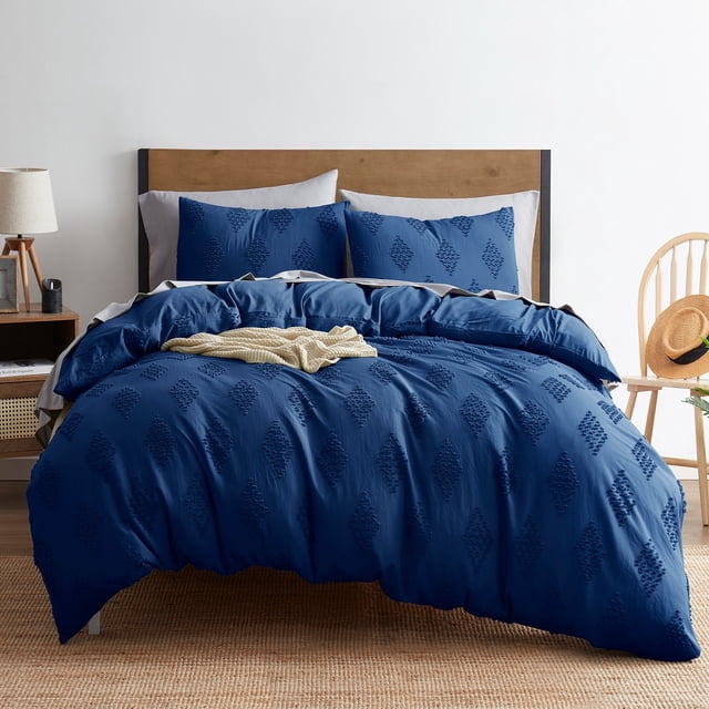 Nestl Ensemble de Housse de Couette 3 Pcs, Broderie Tuftée Double Brossée avec Fermeture à Boutons et 2 Taies d'Oreiller, Grand (90"x90 Pouces) - Bleu Marine