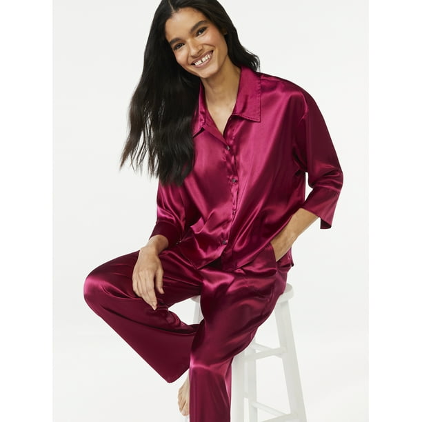 Joyspun Women's Satin Pajama Sleep Set, 2Piece, Sizes up to 3X