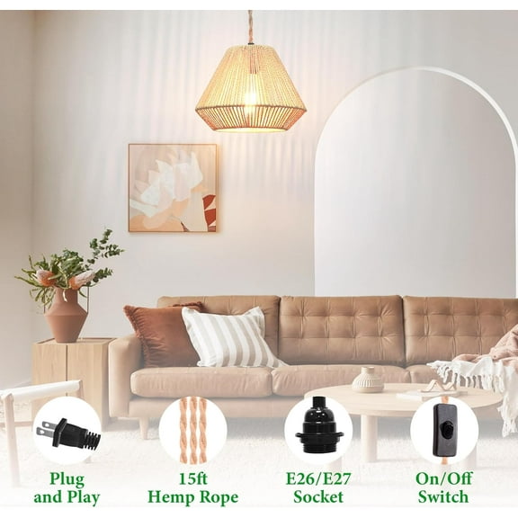 YUYAN-Plug in Pendant Light Rattan Hanging Lamp, Rattan Pendant Light with on/Off Switch,Rattan Woven LampShade Hanging Lamp Plug in for Living Room,Bedroom,Farmhouse