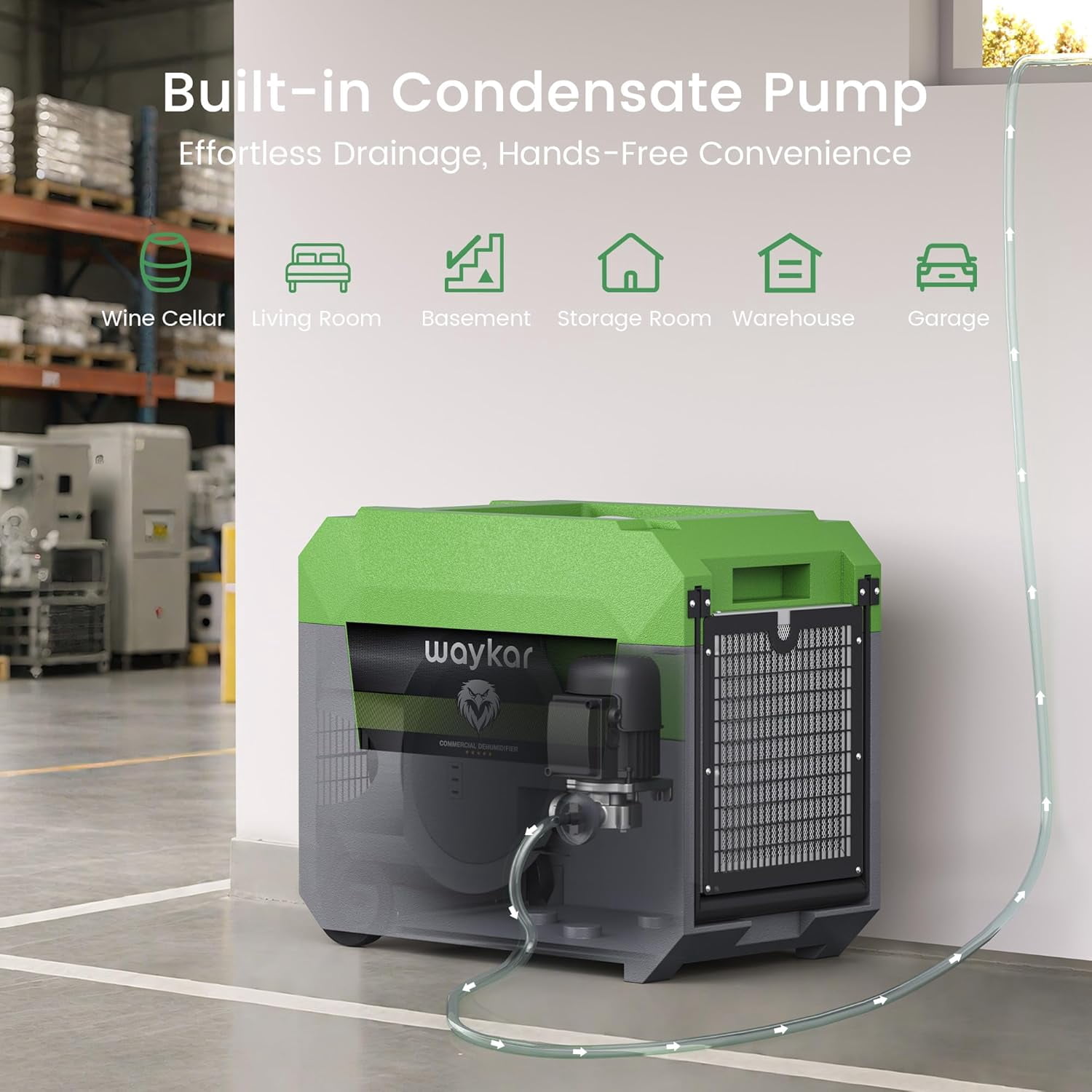 Waykar 150 Pints Commercial Dehumidifier with Pump for Large Areas up to 7,500 Sq. Ft, Stackable Industrial Dehumidifier for Crawl Spaces, Basements, and Water Damage Restoration — 5 Year Coverage