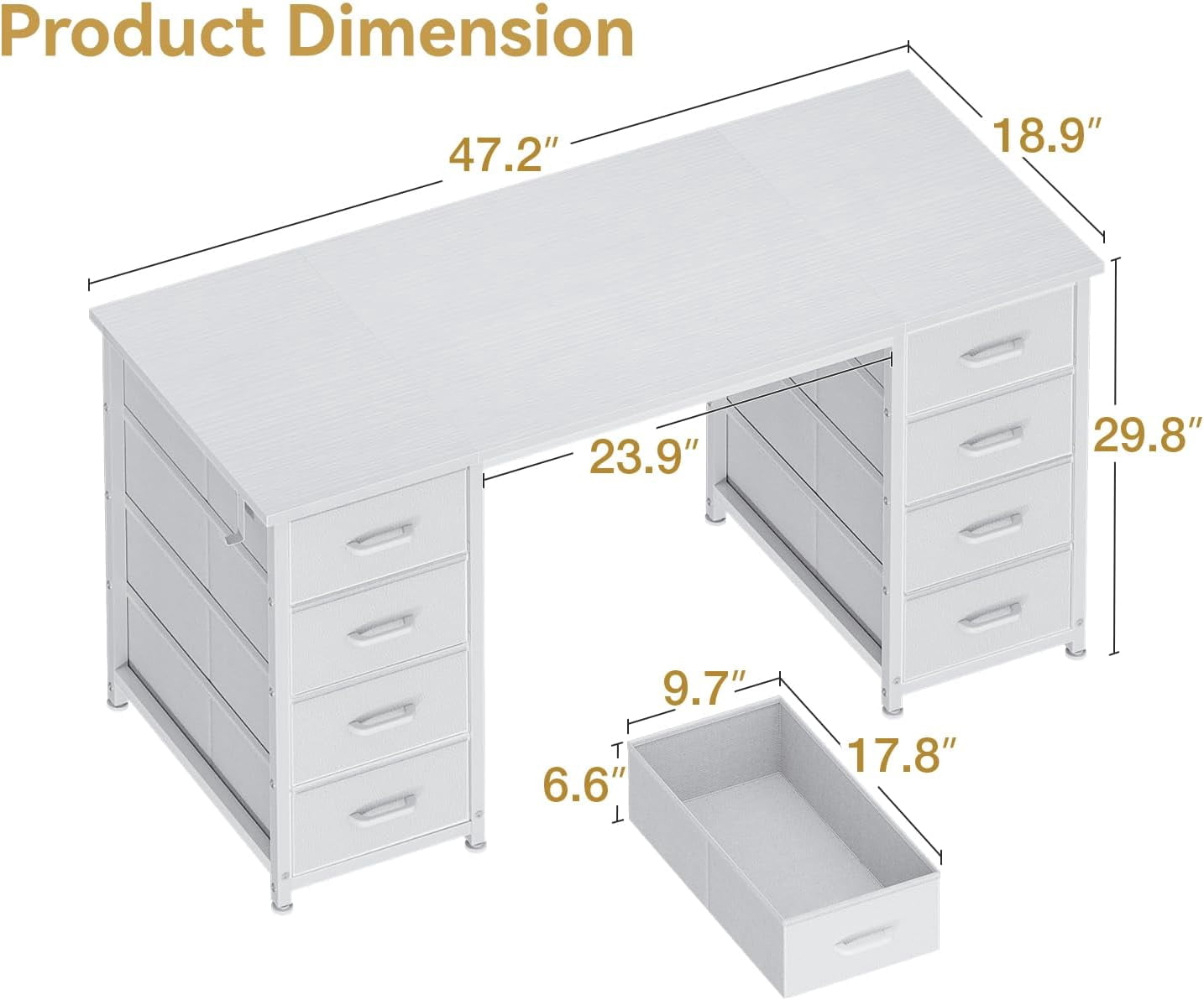 ZYPPP 48 Inch White Computer Desk with 8 Fabric Drawers, Modern Office Desk with Large Storage for Home Office, Study, Gaming, White