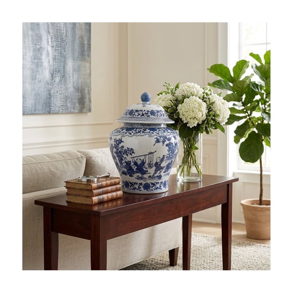 Elegant Ceramic Jar for Home Decor - Sculptural Room Accent for Office Table Styling - Decorative Flower Vase for  Liviing Room, Bedroom, House Use Feature - 16", Blue & White