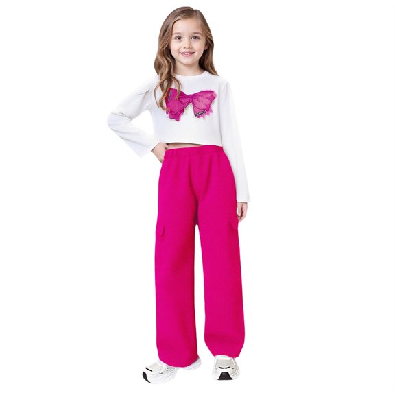 TIREOW Girls Outfits Fashion Round Neck Long Sleeve Cropped Pullover Top and Cargo Pants Casual Streetwear 2 Piece Set