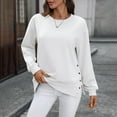 thumbnail image 2 of FRSASU Womens Casual Long Sleeve Shirts Tops Solid Color Button Hem Slit Round Neck Pullover Blouses White, 2 of 9