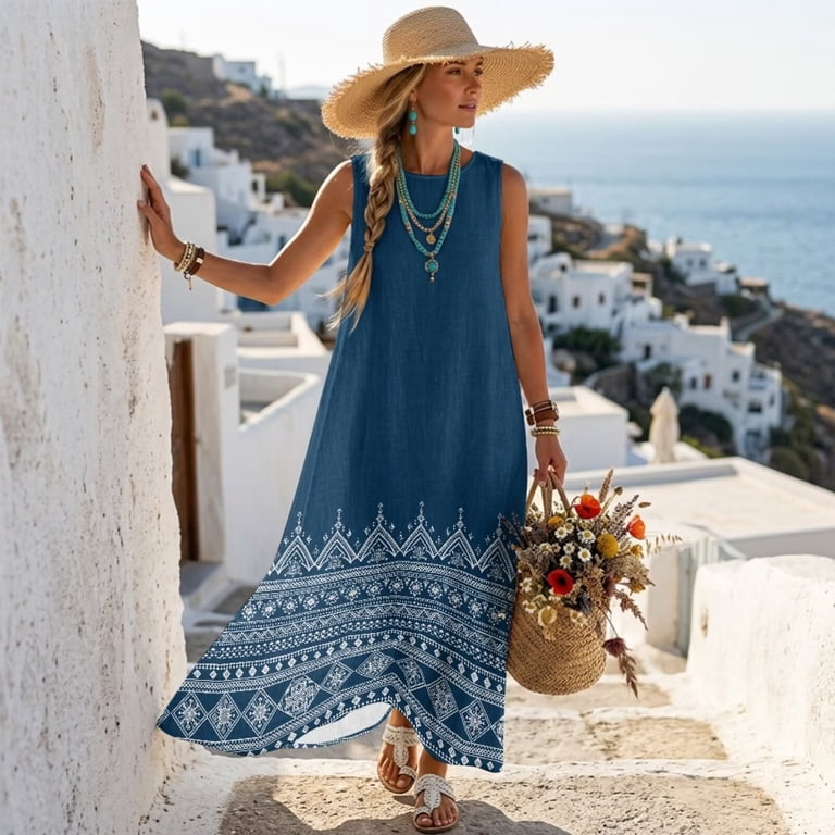 aztec beach dress Jiueut Tribe Geometric Print Women Summer Casual Sleeveless Maxi 2026 Crewneck Loose Travel Vacation Long Sundress Wrinkle Resistant Linen Look, XL ONEDERLAND