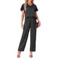 thumbnail image 2 of Conjunto de pijama de satén sedoso para mujer INSPIRE CHIC de 2 piezas, con top de manga corta con volantes y pantalones largos, ropa de dormir y loungewear, color negro, 2 of 5