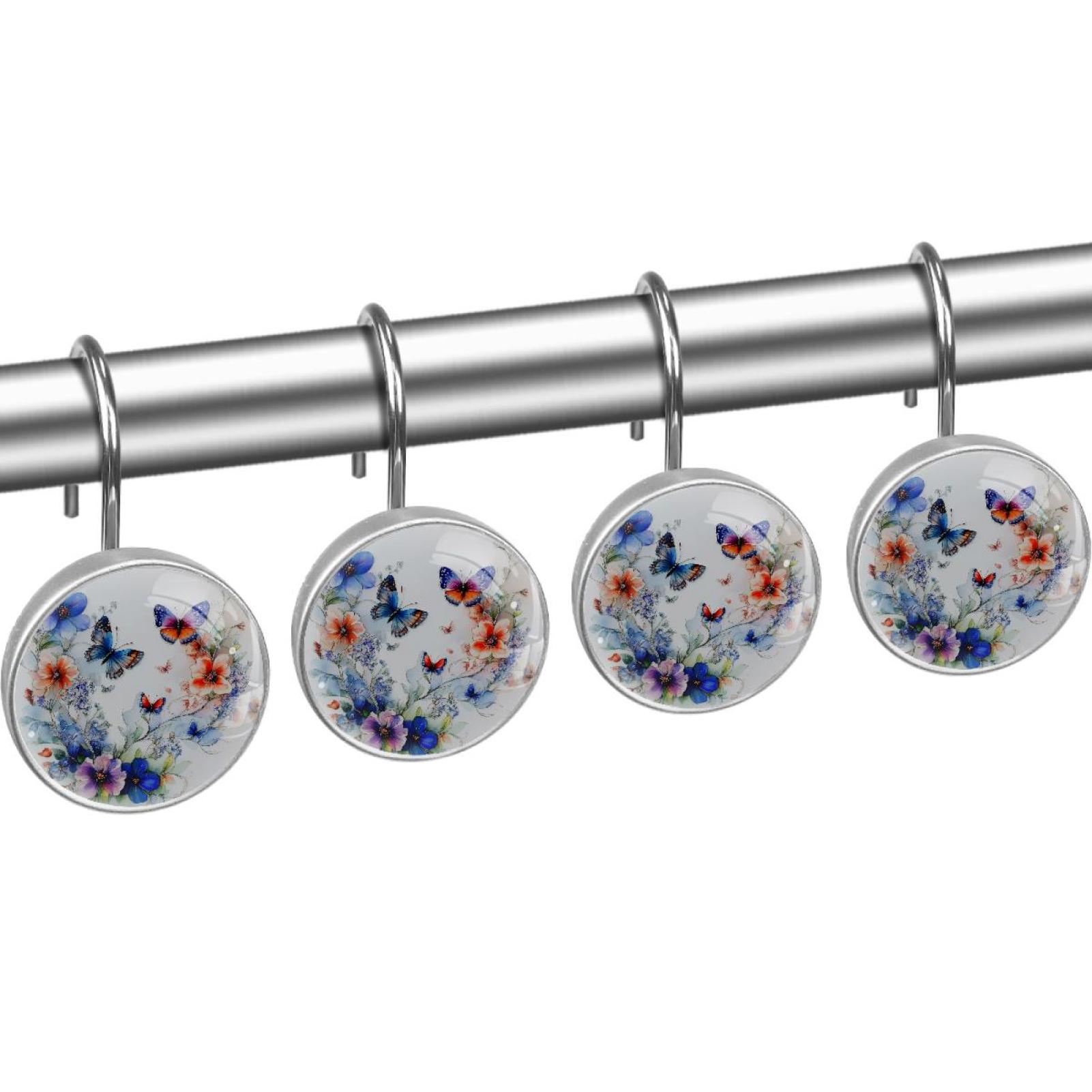 Watercolor Butterfly Wildflowers Shower Curtain Hooks Round Crystal Glass, Set of 12 Shower Curtain Rings - Shower Hooks for Curtain Shower Rings