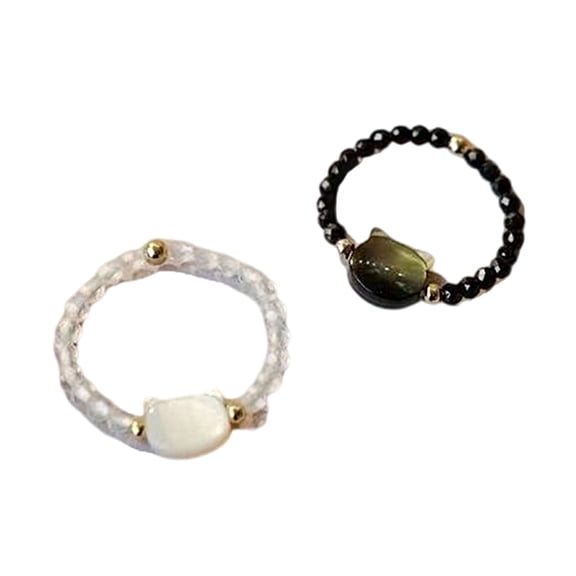 tegongse Pack Of 2 Adjustable Cats Themed Rings Set Natural Moonstone Obsidian Finger Rings Women Men Party Accessories Jewelry