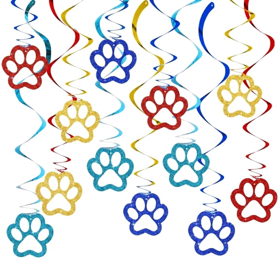 12pcs Dog Party Decoration Hanging Swirls Colorful Paw for Birthday Celebration Pet Party