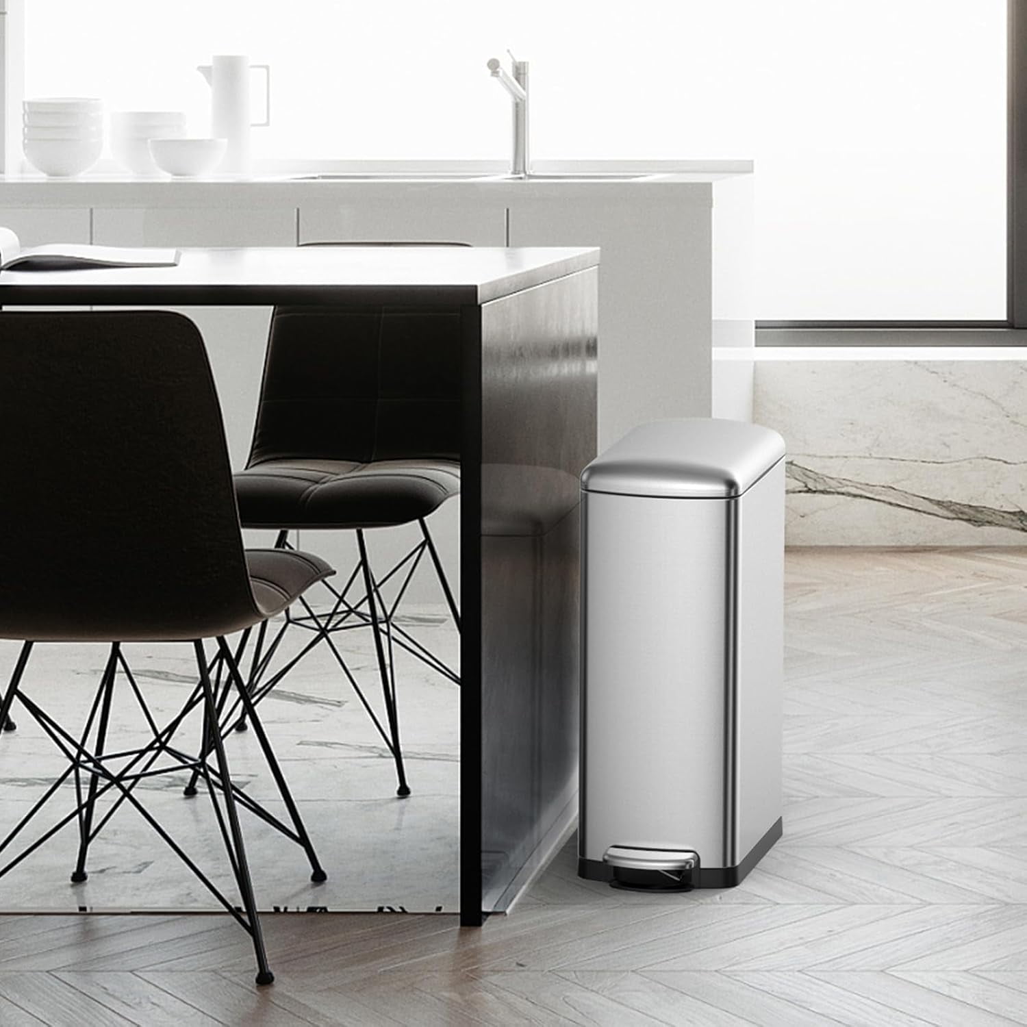 8 Gallon Trash Can, Slim Kitchen Trash Can with Soft Close Lid, Stainless Steel Trash Can with Removable Bucket, Rectangular Waste Bins for Kitchen, Bathroom, Office