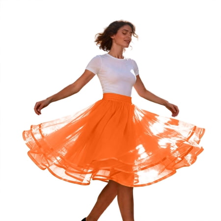 DGMIOCS Women s Layered Midi Skirt for Everyday Wear with Elastic Waist and Flared for Spring Summer Daily Orange XL