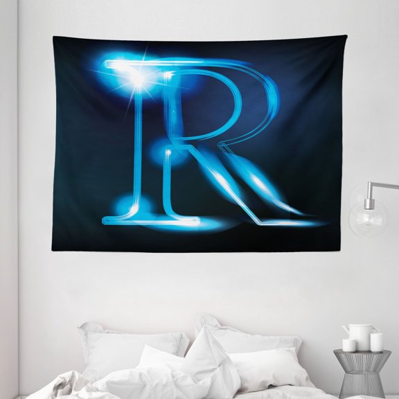 Letter R Tapestry, Writing Language with Futuristic Design Elements Modern Themed Calligraphy Print, Wall Hanging for Bedroom Living Room Dorm Decor, 80W X 60L Inches, Blue Black, by Ambesonne