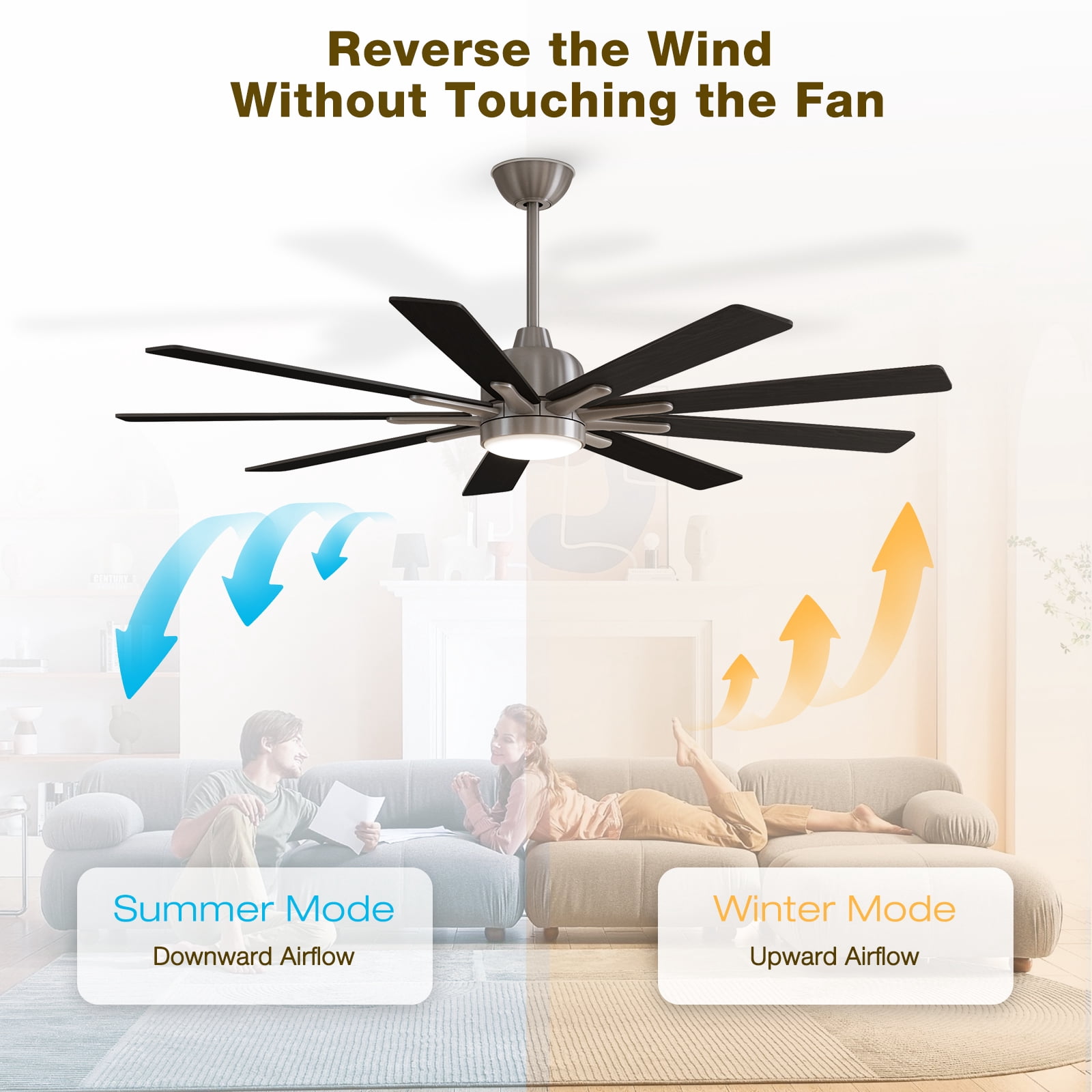 Warmiplanet 62" 9-Blade Satin Nickel Modern Ceiling Fan with LED Light Kit, Powerful DC Motor, High Airflow, 6-Speed, Reversible & Timer