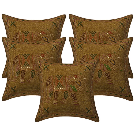 Stylo Culture Ethnic Settee Sofa Throw Pillow Covers 16x16 Gold Thread Embroidered Brown Indian 40 x 40 cm Home Decor Cotton Elephant Square Cushion Covers | Set Of 5