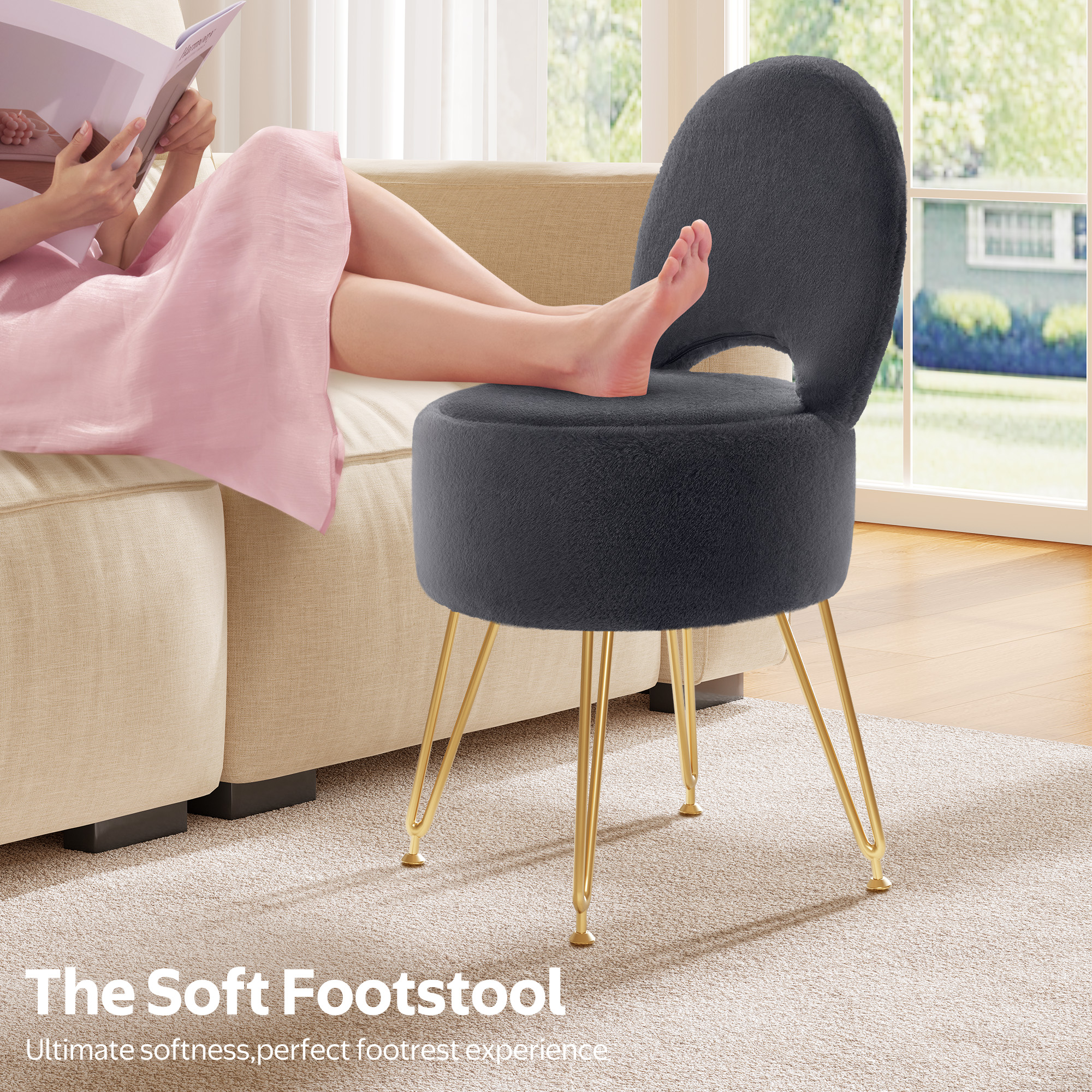 Greenstell Round Storage Ottoman, 15.7”L x 15.7”W x 19.5”H Upholstered Vanity Faux Fur Chair with Lumbar Support, Small Foot Stools Coffee Table Padded Seat for Makeup Room (Gray)